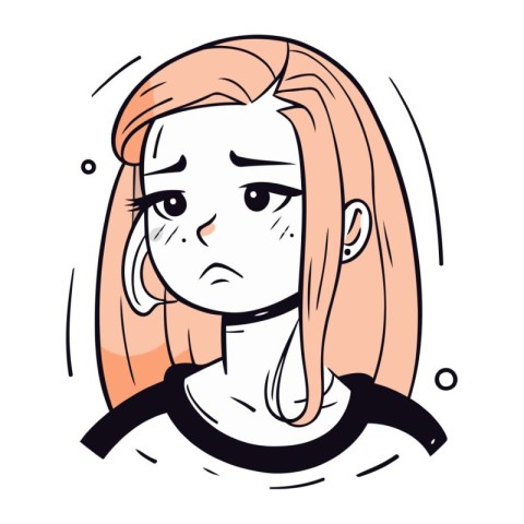 Sad girl with long hair. Vector illustration in doodle style.