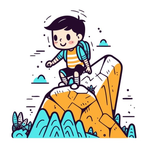 Boy climbing on the mountain. Vector illustration in a flat styl