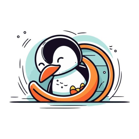 Cute cartoon penguin in a swimming pool. Vector illustration.