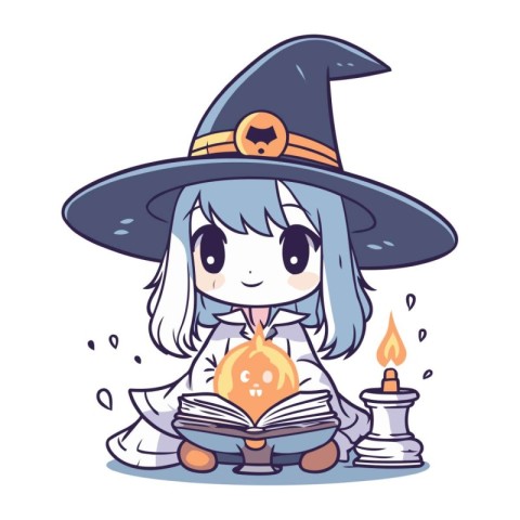 Cute cartoon witch with magic book and candle. Vector illustrati