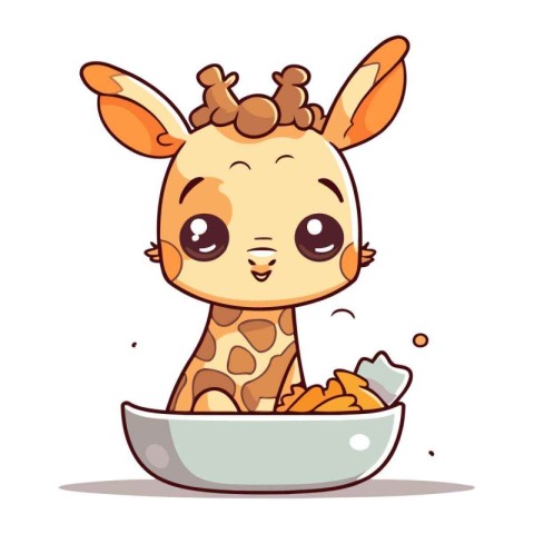 Cute cartoon giraffe sitting in a bowl of food. Vector illustrat