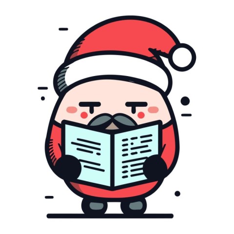 Cute penguin in a Santa Claus hat reading a book. Vector illustr