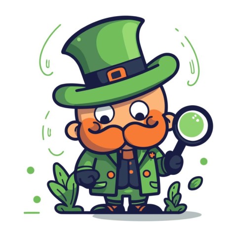 leprechaun with magnifying glass and green leaves vector illustr