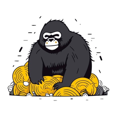 Gorilla sitting on a pile of gold coins. Vector illustration.