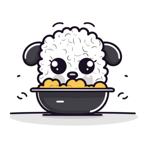 Cute dog eating rice bowl. Cute cartoon vector illustration.