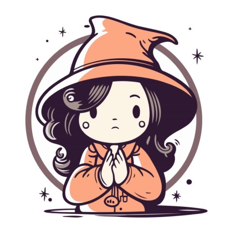 Cute little girl in witch costume. Vector illustration in cartoo