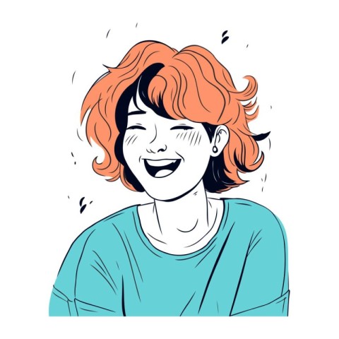 Vector illustration of a girl with red hair in a blue T shirt.