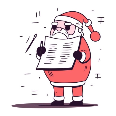 Cartoon Santa Claus reading a letter to Santa Claus. Vector illu