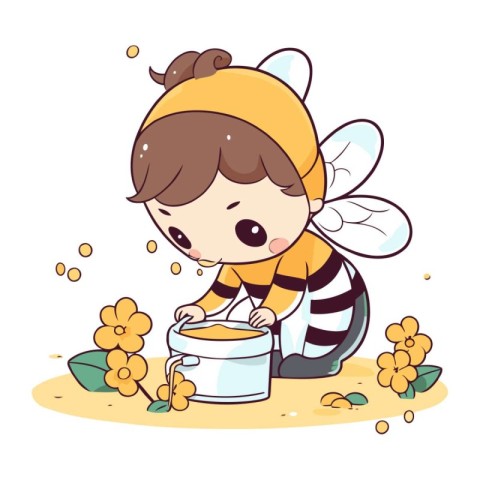 Cute little girl playing with bee and flower. Vector illustratio