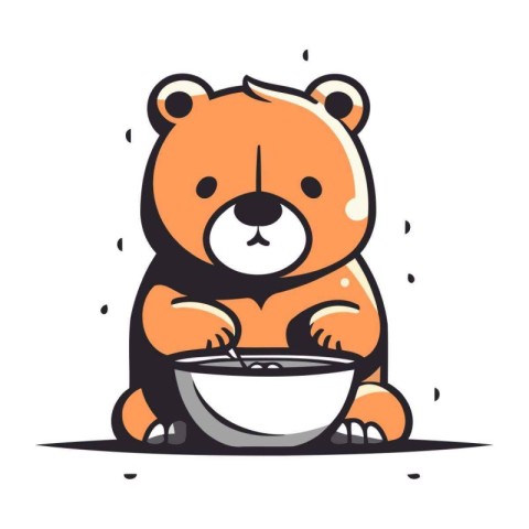 Cute cartoon bear with a bowl of food. Vector illustration.