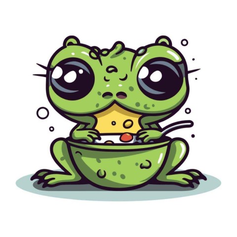 Cute cartoon frog with a bowl of soup. Vector illustration.