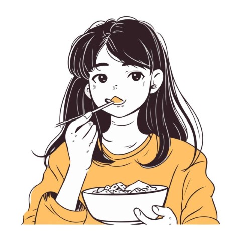 Illustration of a young woman eating a bowl of cereals.