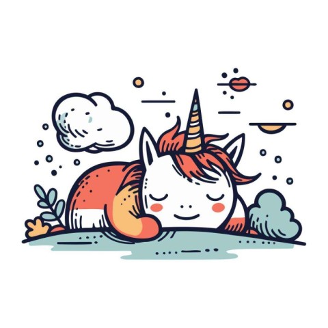 Cute unicorn sleeping on the ground. Vector illustration in cart