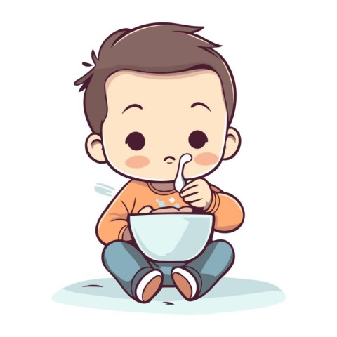 Cute little boy eating a bowl of cereal. Vector illustration.