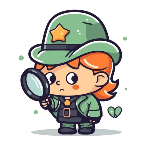 Cute Little Girl in Green Army Uniform Holding Magnifying Glass