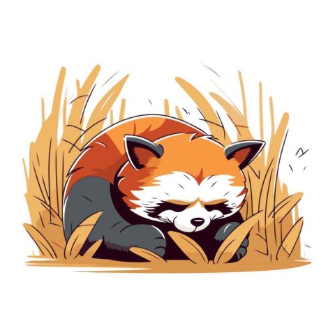 Cute red panda sleeping in the grass. Vector illustration.