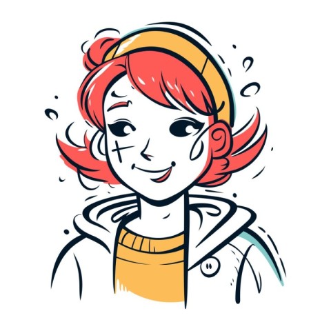 Funny girl with red hair. Vector illustration in sketch style.