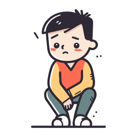 Sad boy sitting on the floor. Vector illustration in thin line s