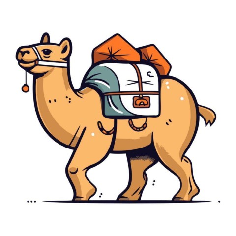 Camel with a backpack. Vector illustration of a camel on a white