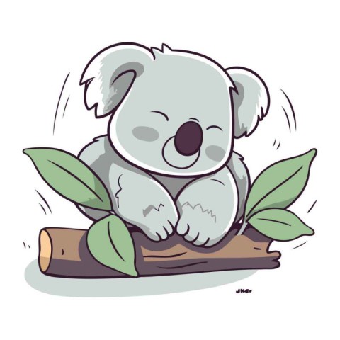 Cute koala sitting on a log with leaves. Vector illustration.