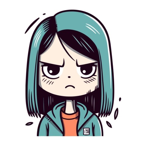 Angry anime girl. Vector illustration of a girl in a hoodie.