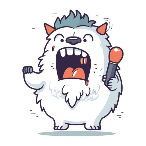 Funny cartoon white dog with a microphone. Vector illustration i