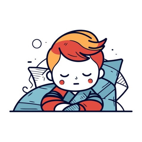 Sick boy lying in bed. Vector illustration in cartoon style.