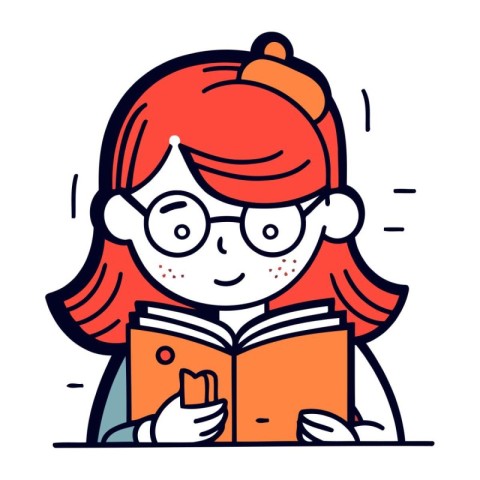 Cute girl reading a book. Vector line art illustration design.