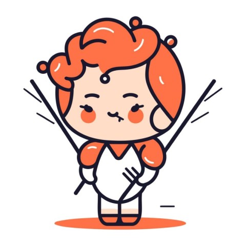 Cute red haired little girl with stick. Vector illustration.