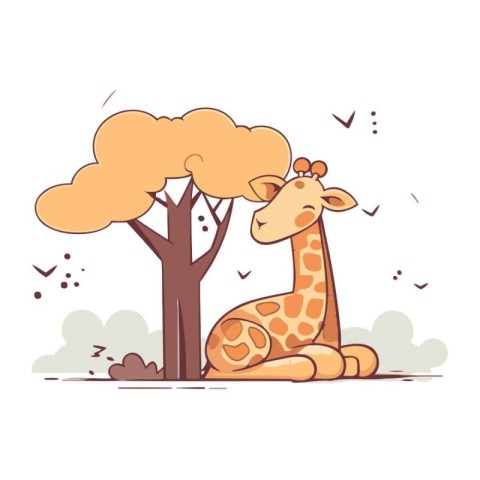 Cute cartoon giraffe sitting under a tree. Vector illustration.