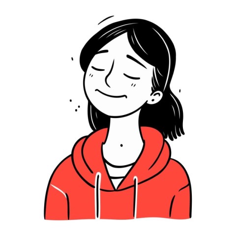 Vector illustration of a girl with closed eyes in a red hoodie.