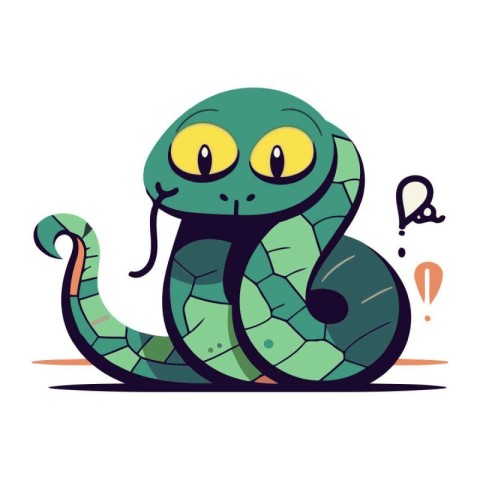 Green snake with question mark and exclamation mark. Vector illu