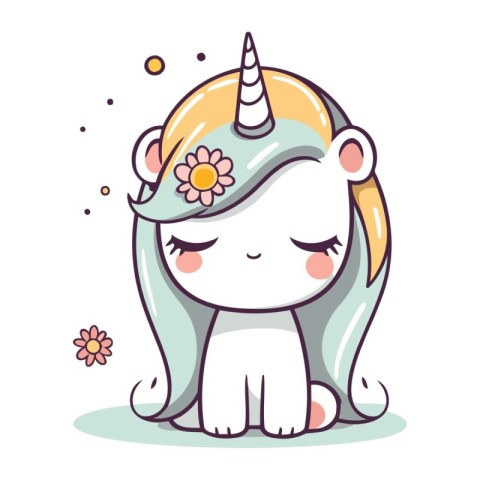 Cute cartoon unicorn with flowers. Vector illustration isolated