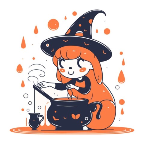 Cute vector illustration of a little witch with a pot of potion.