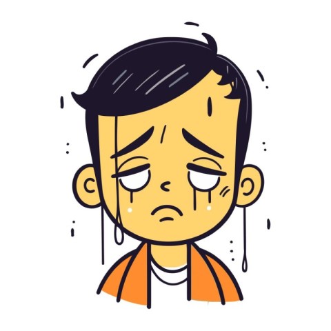 Sad boy with tears on his face. Vector illustration in cartoon s