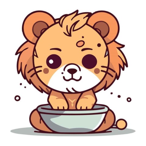 Cute cartoon lion sitting in a bowl of water. Vector illustratio