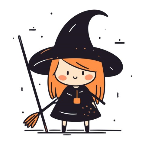 Cute little girl in witch costume. Vector illustration in cartoo