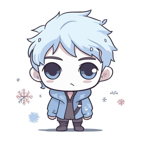 Cute anime boy in winter clothes with snowflakes. Vector illustr