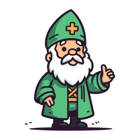 Cartoon vector illustration of a dwarf in a green coat with a cr