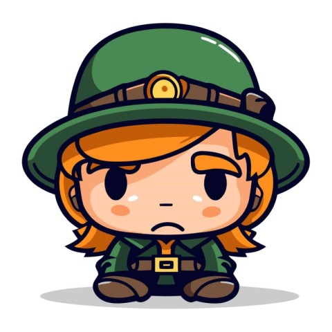 Cute Cartoon Girl Soldier Wearing Green Hat Vector Illustration.