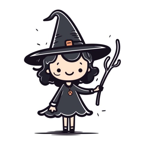 Cute cartoon witch holding magic wand. Vector illustration. Hall