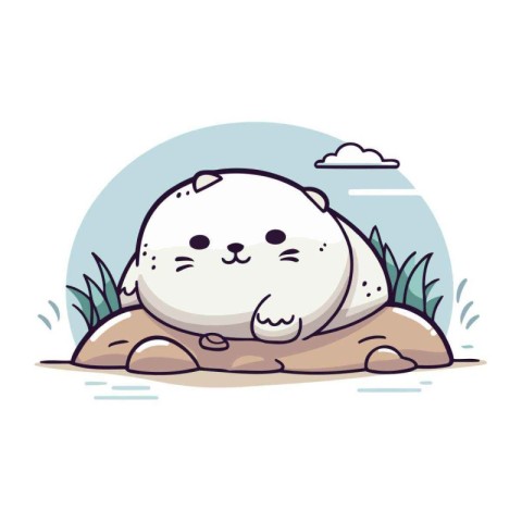 Cute cartoon white bear lying on the rock. Vector illustration.