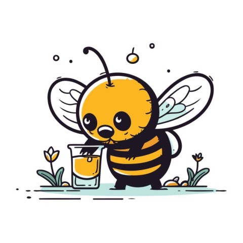 Cute cartoon bee holding a glass of juice. Vector illustration.