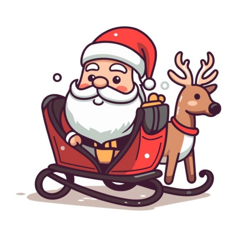 Santa Claus riding a sleigh with reindeer. Vector illustration.