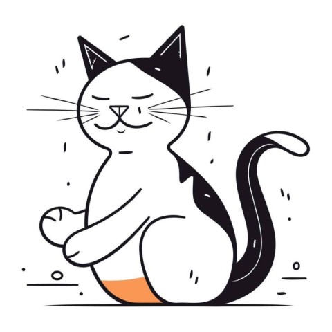 Black and white vector illustration of a cute cat sitting on the