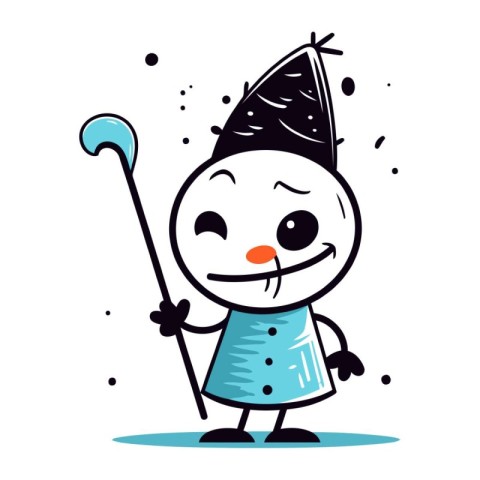 Cartoon snowman with golf club. Vector clip art illustration.