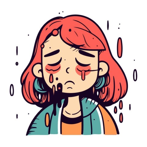 Crying girl with tears on her face. Vector hand drawn illustrati