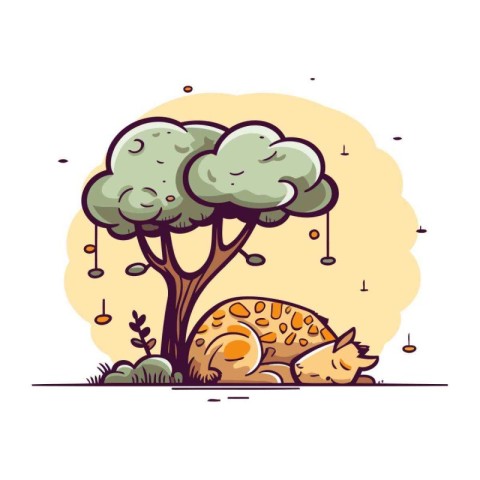 Illustration of a cat sleeping under a tree. Vector illustration