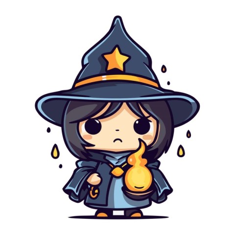 Cute little witch with a candle in her hand. Vector illustration