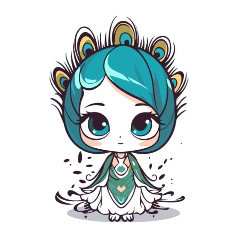 Cute little girl with blue hair. Vector illustration on white ba